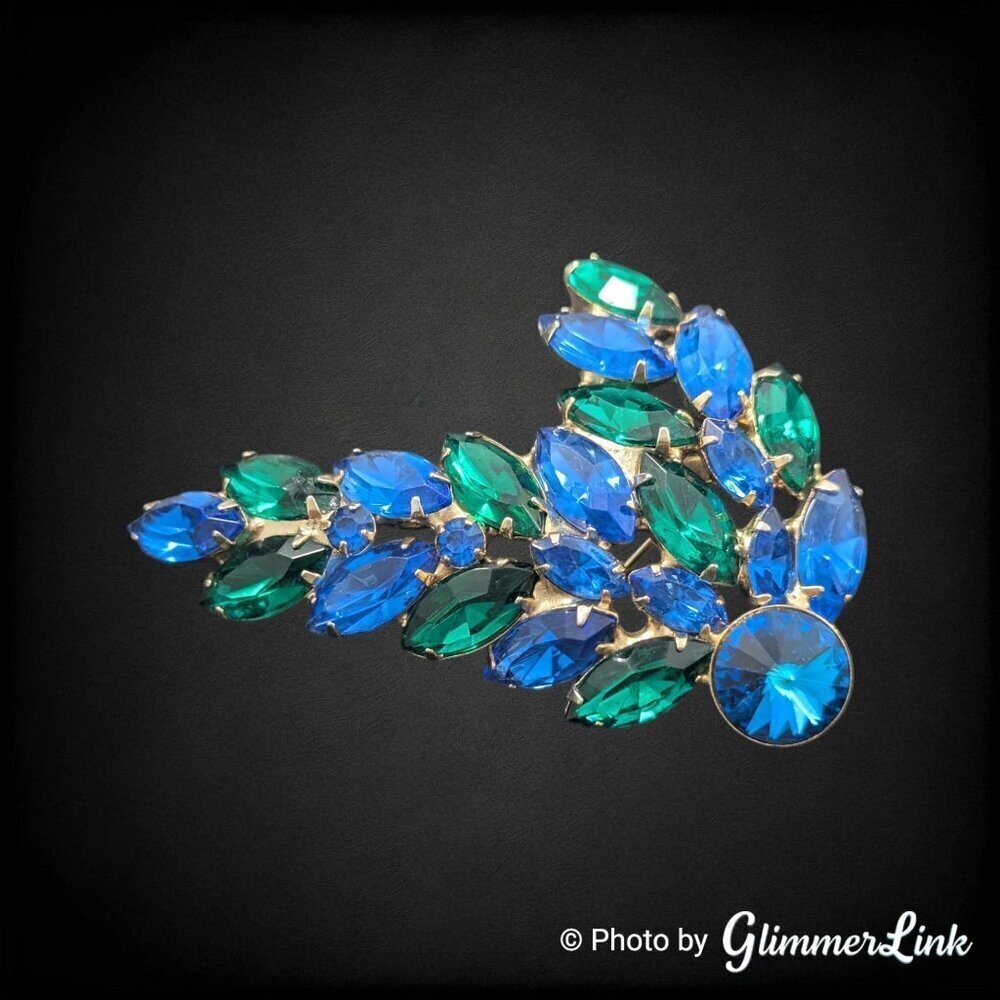 Vintage 60s Blue & Green Navette Rivoli Rhinestone Leaf Wing Gold Tone Brooch